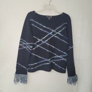 Sweaterworks Sweater Womens XL Black Blue Embroidered Fringed Sleeve‎ Vintage